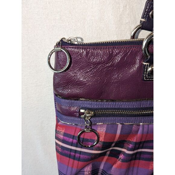 Women's Coach Poppy Purple Plaid Shoulder Bag with Bag Tags - Picture 8 of 15